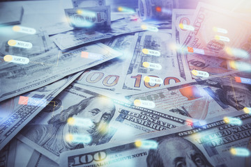 Double exposure of data theme drawing over us dollars bill background. Technology concept.