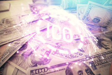 Multi exposure of crypto theme drawing over us dollars bill background. Concept of blockchain success.