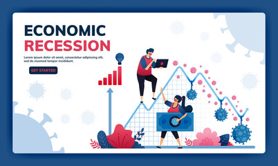 Landing page vector illustration of failure and negative economic growth due to covid-19 or corona virus. Depression, inflation and corporate bankruptcy due to pandemic.  Web, website, banner, apps