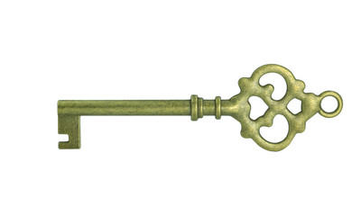 Vintage antique golden key isolated on white background with clipping path.