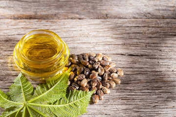 castor oil and seeds, on wooden background