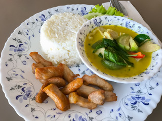 Fried pork rice and green curry with delicious Thai food