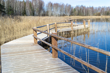 Fototapeta premium Plains quarry in Olaine, Latvia. Wooden path along the lake. Lake shore, reeds and trail.