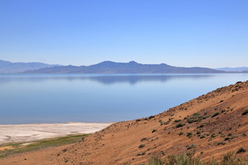Silver Island Mountain range reflections across the Great Salt Lake, Utah
