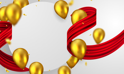 Celebration frame party banner with Gold balloons background. Sale Vector illustration. Grand Opening Card luxury greeting rich.
