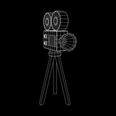 Polygonal camera projector. Movie time. Show film cinema festival concept. Wireframe low poly mesh vector illustration.