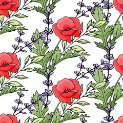 Vintage poppy seamless pattern, great design for any purpose. Doodle style texture. Geometric floral background. Fabric wallpaper with print texture.