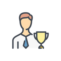 Business Person with Trophy Cup color line icon. Achievements at Work vector outline colorful sign.