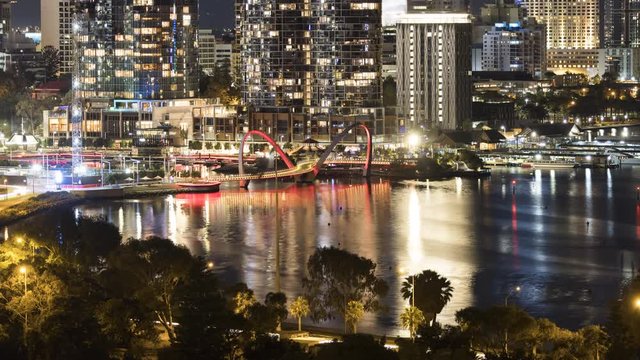 Elizabeth Quay and ferries on swan river. Time-lapse Perth City at night. Western Australia Tourism. Lifestyle and business.