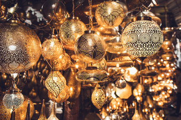Traditional moroccan souvenir lamps on local market souk in Marrakesh medina. Handmade work, different shapes. - 373391969