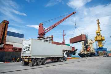 Industrial crane loading Containers in a Cargo freight ship,Container Cargo freight ship by crane bridge, logistics harbor at sunrise