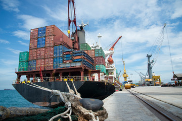 container ship commercial vessel alongside in port for loading and discharging containers services...