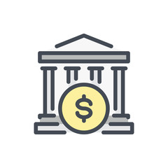 Bank and Banking color line icon. Building with Dollar Coin vector outline colorful sign.