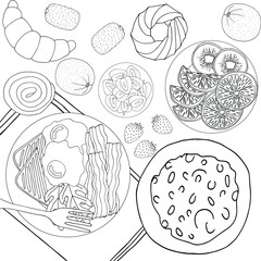 coloring book antistress food Breakfast with fruit and buns