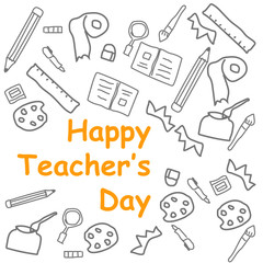 cartoon doodle art of happy teacher's day in yellow text. vector illustration.