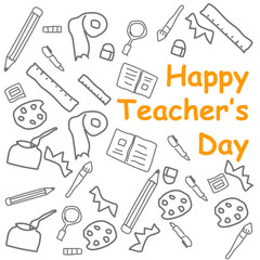 cartoon doodle art of happy teacher's day in yellow text. vector illustration.