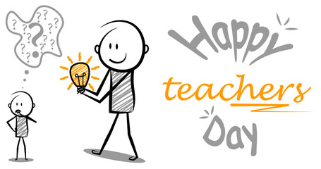 happy teacher's day. teacher gives idea to student  poster. vector illustration.