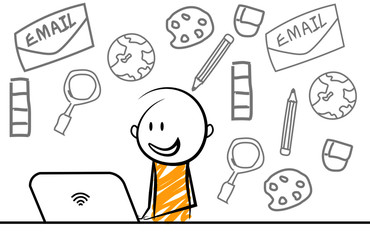 happy teacher's day special. cartoon stickman learning online from laptop.vector illustration.
