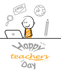 happy teacher's day special. cartoon stickman learning online from laptop.vector illustration.