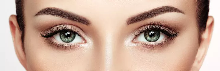 Foto op Aluminium Vrouwelijk oog met extreem lange valse wimpers. Wimper extensions. Make-up, cosmetica, schoonheid. Close-up, Macro © Oleg Gekman