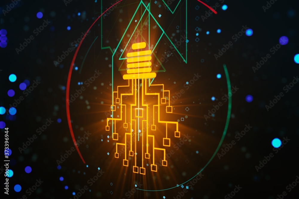 Leinwandbilder Virtual creative light bulb with chip hologram on dark background, artificial Intelligence and neural networks concept. 3D Rendering