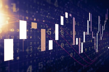 Abstract creative financial chart hologram on blue background, research and strategy concept. 3D Rendering