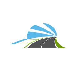 Highway, road isolated vector pathway icon. Two lane curve asphalt speedway with sidewalk, green field and blue sky going into the distance. Driveway symbol, direction and navigation sign for map