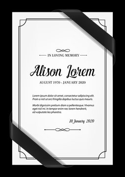 Funeral Card Vector Template With Black Frame, Mourning Ribbons In Corners, Place For Name, Birth And Death Dates. Obituary Memorial, Condolence Funeral Card Design, In Loving Memory Typography