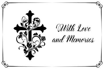 Funeral card vector template with cross and floral ornament or flourishes. Vintage condolence funereal card with frame love and memory typography. Obituary memorial, remembrance retro funeral poster