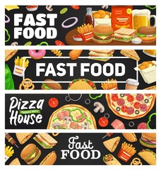 Fast food, takeaway meal banners, vector burger, hot dog, pizza and sandwich, soda drink, french fries and tacos. Takeaway fastfood bistro snacks, junk food cheeseburger, hamburger, nuggets cafe menu