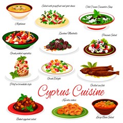 Cyprus cuisine vector menu avgolemno, zucchini meatballs, salad with grapefruit and goat cheese. Cold cream cucumber soup, greek pickled vegetables, grilled sea fish, kurabie cookies Cyprian meals