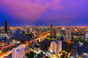 Bangkok city with Chao Phraya River at twilight, Thailand