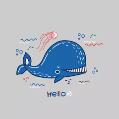 Store enrouleur Baleine illustration dans un style de griffonnage dessiné à la main avec des petites méduses et des baleines