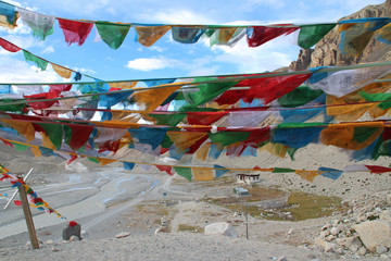 Fototapeta premium View of mountains with the Tibetan prayer flags from Everest Base Camp, Tibet