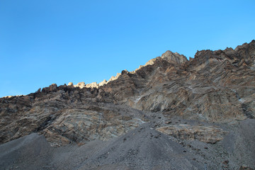 View of mountains with sunlight on top at Everest Base Camp, Tibet