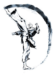 A bald karate fighter in a kimono makes a beautiful circular kick, leaving an ink trail, drawn in ink. 2D illustration.
