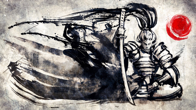 The samurai sits in a meditative pose, an ink army of samurai escaping from his blade. 2D illustration.
