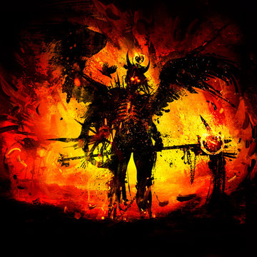 A powerful creepy demon with a huge scythe and large black feathered wings stands in an epic pose, sparkling with his eyes against the background of a fire. 2D illustration.