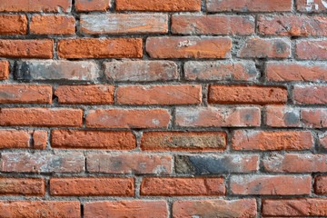 Old red bricks wall background close-up view