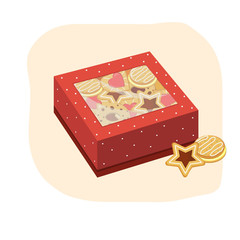 Red gift box with cookies, color vector illustration, clipart, design, decoration