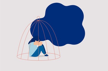 	
Young sad woman locked in a cage. Concepts of restrictions on the ability of women in society. Human character illustration.vector Illustration
