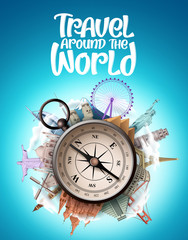 Travel around the world vector design. Travel the world famous landmarks and tourist destination with compass element for travel vacation and tour trip navigation. Vector illustration.
