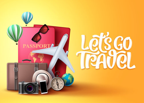 Let's go travel vector background design. Travel and tour elements in yellow background with travelers passport, suitcase bag, compass, camera and air balloons for holiday vacation trip. Vector 