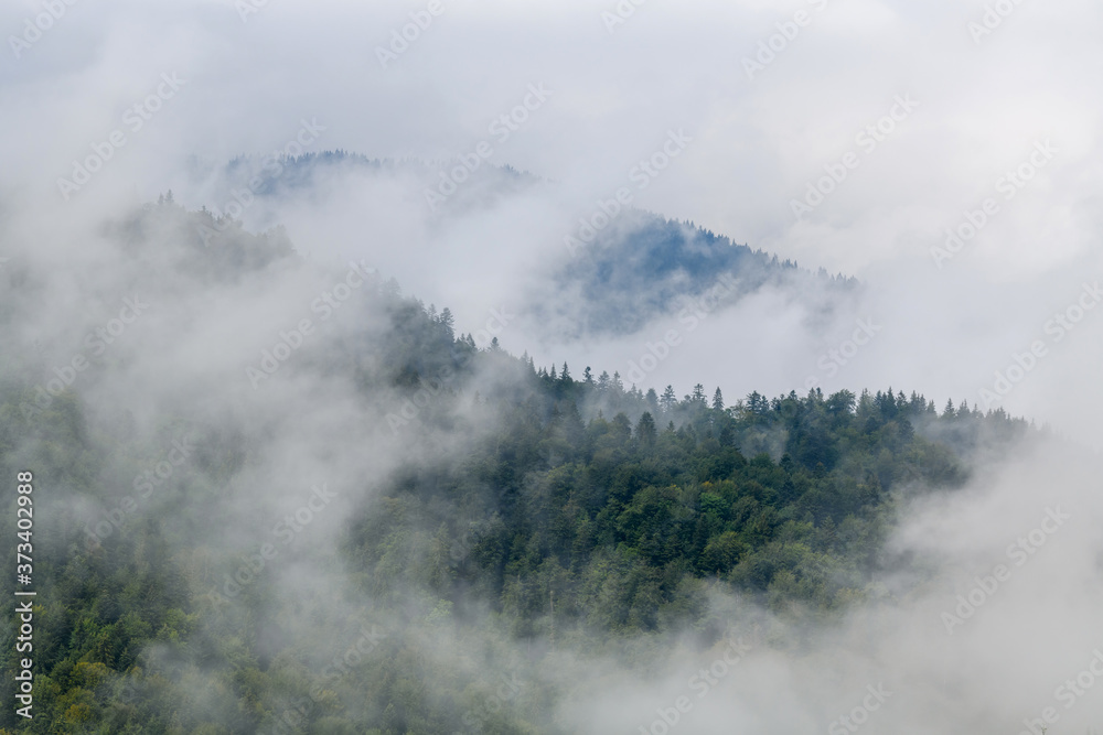 Sticker Majestic view on beautiful fog and cloud mountains in mist landscape.