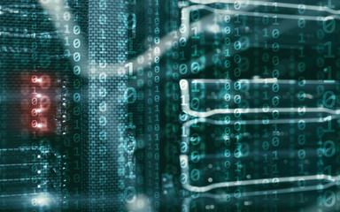 Binary code matrix digital internet technology concept on server room background.