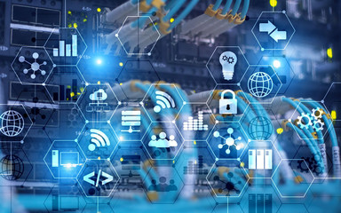 Abstract Internet digital technology concept server rack room background.