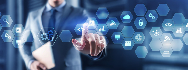 Automation Machine Technology Innovation Concept 2021. Man clicks on a virtual screen.