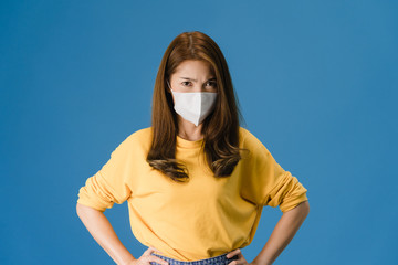 Young Asia girl wear medical face mask with negative expression, excited scream, crying emotional...