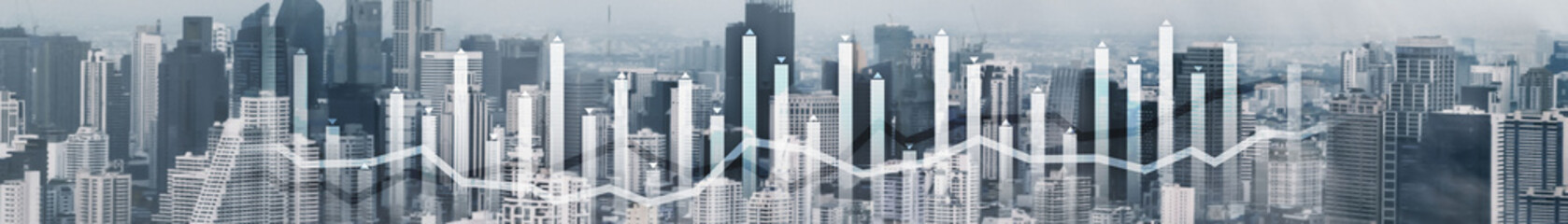 Fototapeta na wymiar Finance Chart Overlaid on modern City. Panoramic Banner Concept.