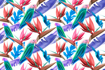 Seamless pattern with Parrots and Tropical Leaves.